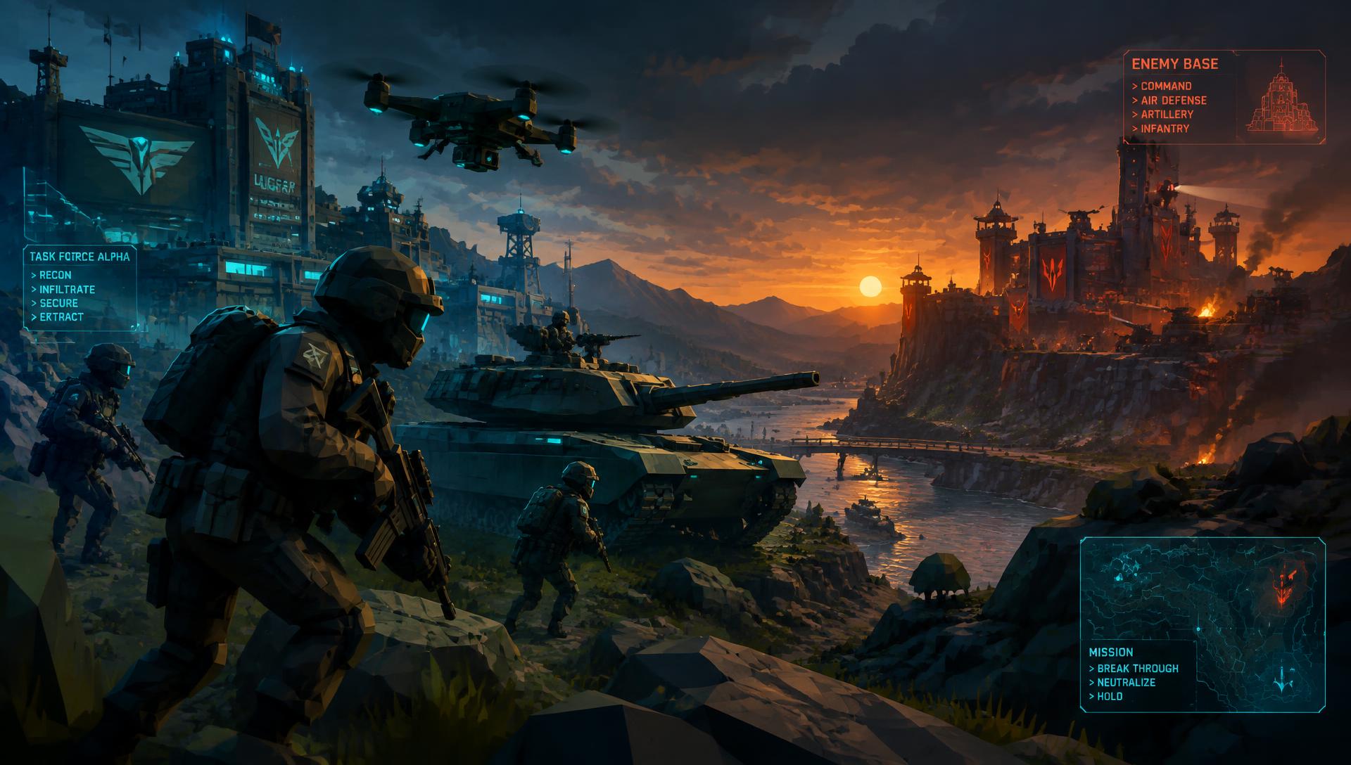Low-poly soldiers, tank and drone advancing on an enemy base